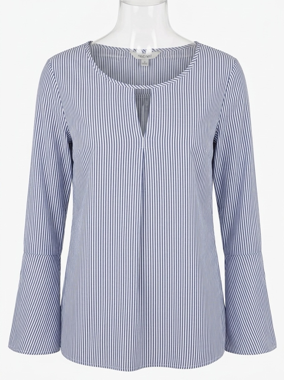 Next Women's Blue & White Striped Keyhole Bell-Sleeve Blouse